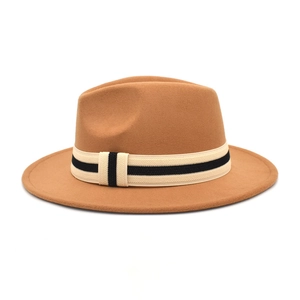 Classic camel wool felt fedora hat with a striped band detail on white background