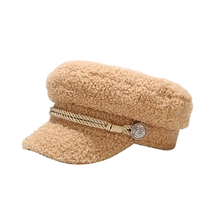 Winter lambswool baker boy hat in camel with decorative golden cord and vintage metal buttons