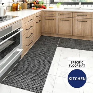 Professional non-slip rubber kitchen floor mats in a textured grey L-shaped set.