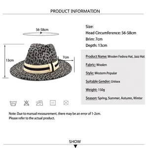 Size chart for leopard print wool fedora hat with dimensions and care instructions