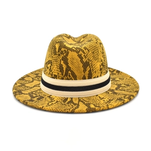 Yellow faux wool fedora hat with snakeskin pattern and striped ribbon band for women