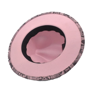 Pink wool fedora hat for women with trendy snake print trim on the brim, casual jazz style