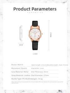 Detailed size specifications for a cat-ear rose gold quartz watch with a black leather strap