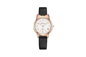 Detail of rose gold cat ear watch case with a black leather strap and heart dial