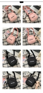 Detail of pink and black canvas crossbody bags with front zip pocket and adjustable strap