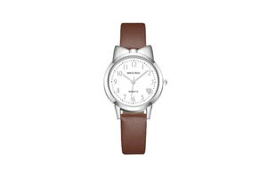 Close-up of cat-ear watch case with brown leather strap and heart dial detail