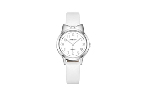 Detailed view of white quartz watch featuring cute cat ear lugs and a heart motif on the dial