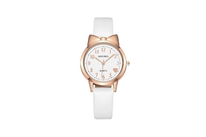 Detail of rose gold cat-ear quartz watch with white leather strap and heart pattern