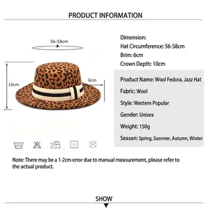 Flat top leopard print wool felt fedora hat with ribbon and sizing dimensions