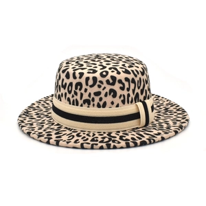 Flat top fedora with leopard print wool felt and black striped decorative band