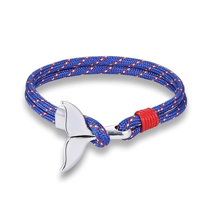 Blue nautical paracord bracelet with a silver metal whale tail clasp for men and women