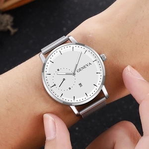 Men's business quartz watch with silver mesh band, white dial and date display feature