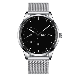 Detailed close-up of men's watch with black dial and silver Milanese mesh strap