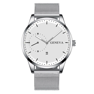 Detail of silver mesh band watch with white dial featuring date window and Geneva logo