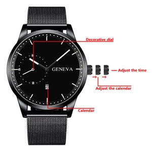 Detail showing the black mesh strap, calendar display, and decorative dials of the watch