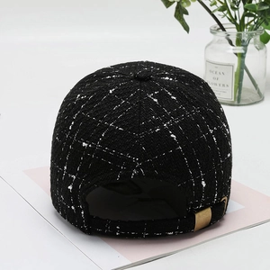 Fashionable black and white tweed baseball cap with adjustable metal buckle back view
