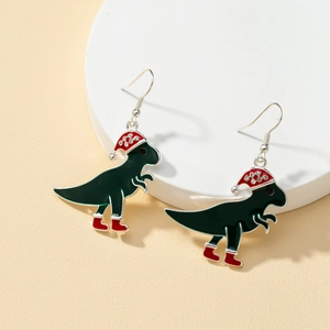 Christmas cartoon dinosaur drop earrings in dark green with red holiday hats and boots
