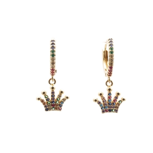 Close-up of golden crown drop earrings with pavé colorful zircon stones on white background