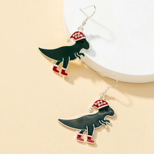Christmas dinosaur earrings with red Santa hats and boots on white tiered pedestal