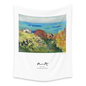 Monet seascape oil painting art tapestry with gallery text on premium white fabric