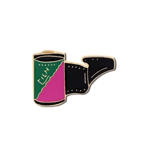 Retro film roll enamel pin badge in green and pink with gold finish for jackets