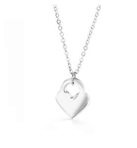 Detailed view of polished silver heart locket pendant on a delicate cross chain