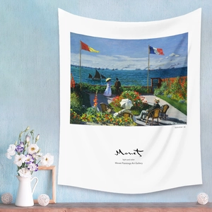 Artistic detail of Monet Garden tapestry featuring gallery text style for home wall decor