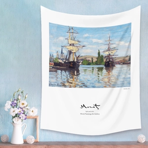 Detail of Monet impressionist oil painting tapestry on white fabric for wall decor