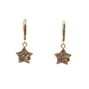 Detail of gold hoop earrings featuring colorful micro-zirconia stars on white background