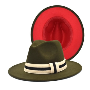 Chapeau Fedora bicolore en laine vert armée avec doublure rouge et ruban rayé