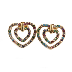 Gold double heart stud earrings featuring vibrant multicolor micro-pave cubic zirconia