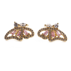 Golden butterfly earrings with sparkling cubic zirconia and pink rectangular stones