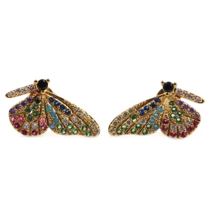 Golden butterfly stud earrings with colorful zircon micro-paving and black gemstone heads