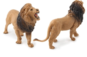 Detailed close-up of realistic lion animal models with textured fur and roaring facial features