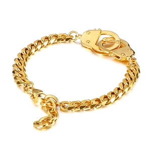 Polished golden Cuban link bracelet with creative double interlock handcuff charm clasp
