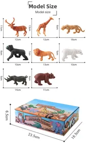 Detailed size specifications for 8-piece safari animal model set with gift box