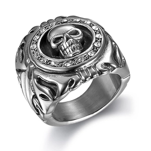 Gothic silver stainless steel ring featuring a skull with white rhinestone detailing