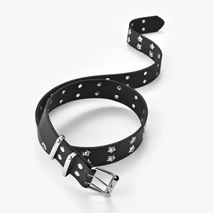 Punk style black leather belt with silver star studs, metal eyelets and double pin buckle