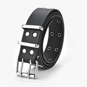 Punk style black leather wide belt with star eyelets and double prong silver buckle