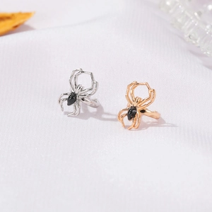 Detail view of spider ear cuffs in silver and rose gold with black resin accents