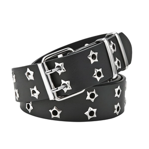 Punk style black PU leather wide belt with silver double pin buckle and star shaped eyelets
