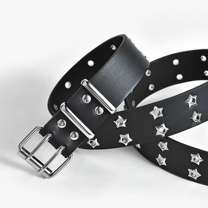 Star rivets punk style double grommet black belt with silver buckle on white background