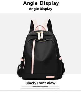 Vista frontal de mochila Oxford negra con correas rosas y cremalleras doradas