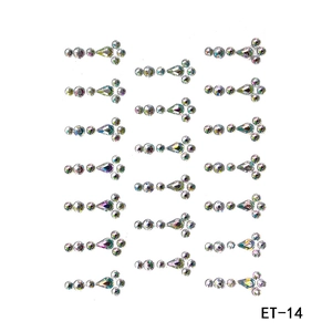 Macro detail of model ET-14 iridescent AB acrylic face rhinestones for DIY beauty decor