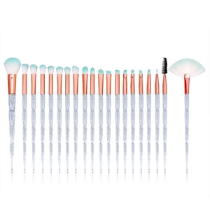 Detail showing 20pcs makeup brushes with rose gold ferrules and blue unicorn handles