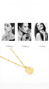 Detail view of gold coin necklace with Elizabeth II portrait, size 14mm and chain length