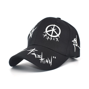Fashionable black and white graffiti baseball cap with printed text for men and women