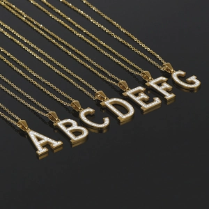 18k gold plated stainless steel letter necklaces A-G with shimmering crystal inlay