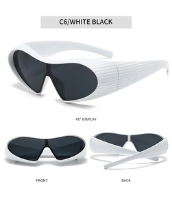 Three-view display of steampunk shield sunglasses with white textured frames and black lenses