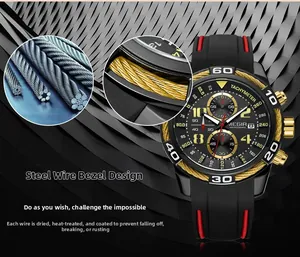 Detail of MEGIR chronograph watch featuring a steel wire bezel design and black silicone strap
